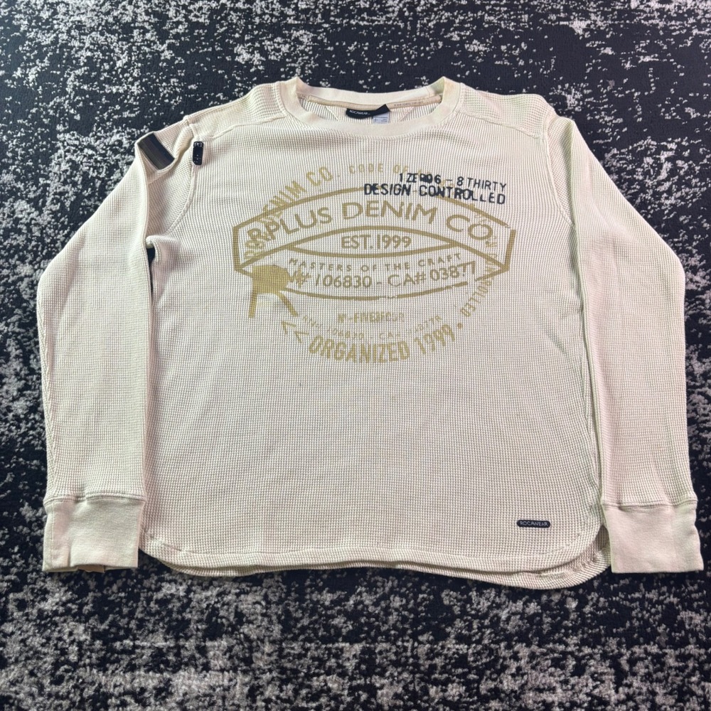 Rocawear Mens Cream Waffle Knit Thermal Long Sleeve Graphic Shirt Y2K Large